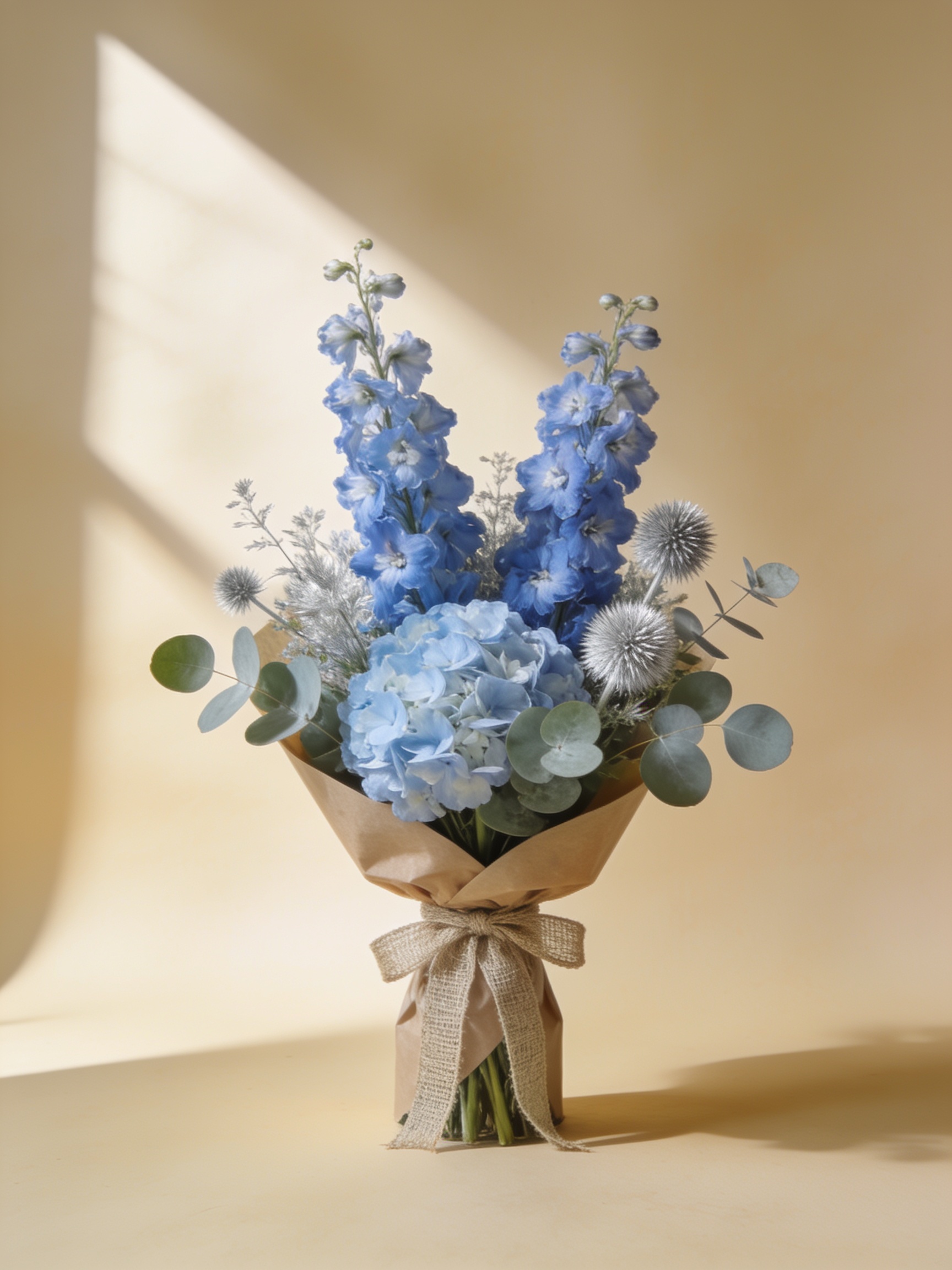 Bouquet Azur — delphiniums bleus et eucalyptus