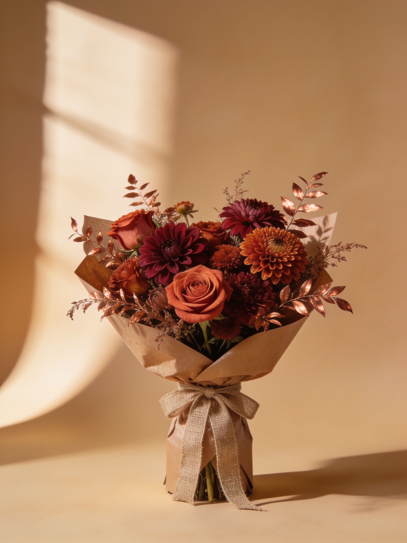 Bouquet Havana — roses terracotta et dahlias bordeaux